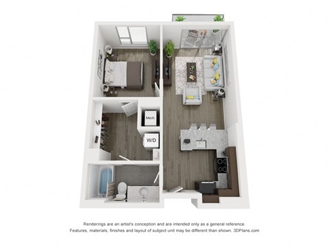 Floor plan for 1 bed, 1 bath, 623 sqft